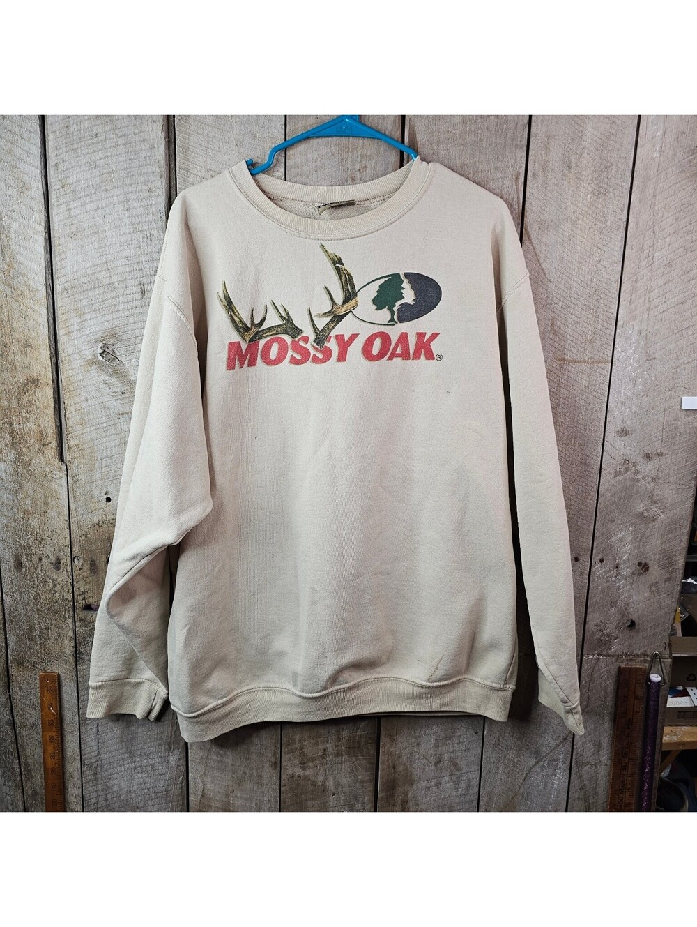 Vintage JERZEES Outdoors Mossy Oak Antler Logo Crewneck Sweatshirt Tan Beige
